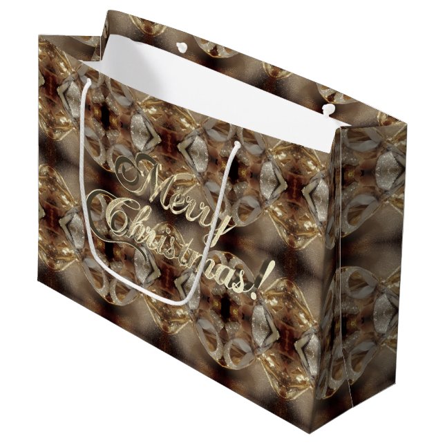 Bolsa De Regalo Grande Merry Christmas Brown Pattern Faux Gold Script (Angulo Anverso)