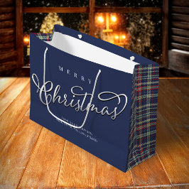 Bolsa De Regalo Grande Merry Christmas Caligraphy Script Navy Blue Plaid