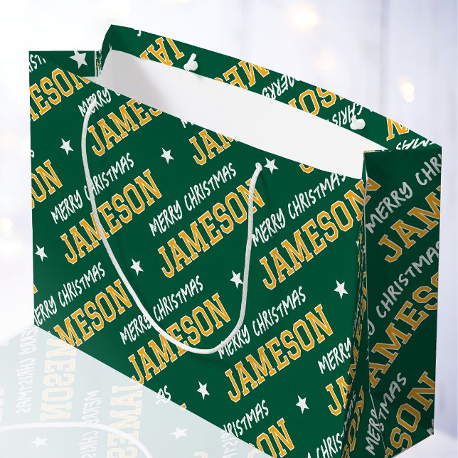 Bolsa De Regalo Grande Merry Christmas Custom Name Green Gold (Subido por el creador)