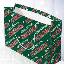 Bolsa De Regalo Grande Merry Christmas Custom Name Green Red