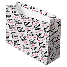 Bolsa De Regalo Grande Merry Christmas Custom Name Pink Trendy