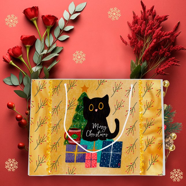 Bolsa De Regalo Grande Merry Christmas Cute Black Cat Coffee Naranja Gold (Subido por el creador)