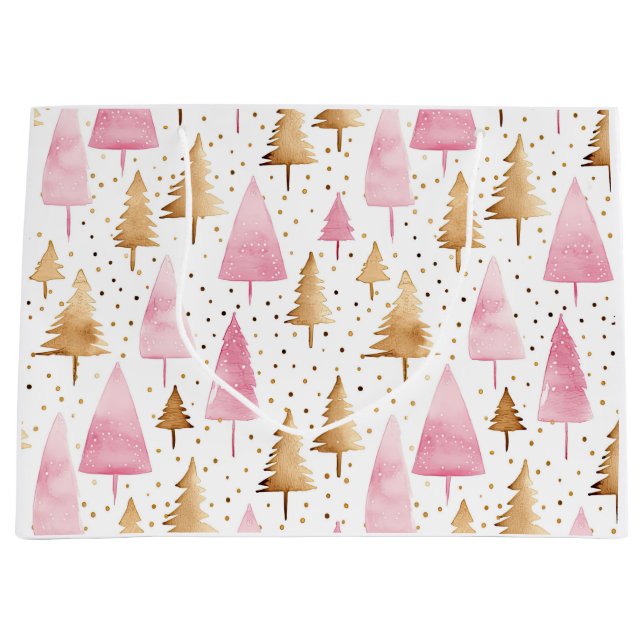 Bolsa De Regalo Grande Merry Christmas Gold Pink Tree (Anverso)