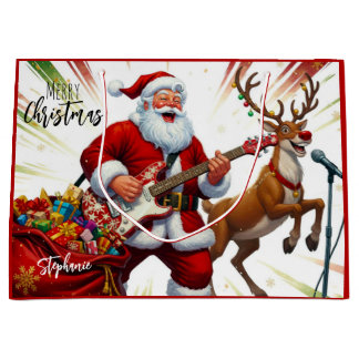 Bolsa De Regalo Grande Merry Christmas Santa Rudolf Playing Guitar