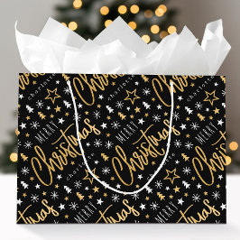 Bolsa De Regalo Grande Merry Christmas Script Custom Name Black Faux Gold
