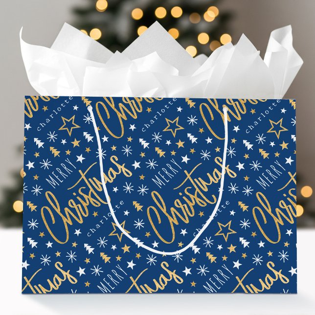 Bolsa De Regalo Grande Merry Christmas Script Custom Name Blue Faux Gold (Subido por el creador)