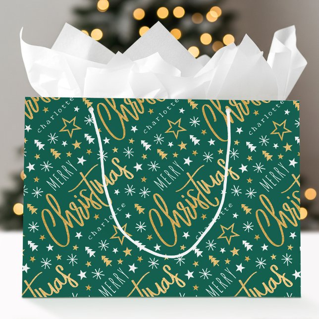 Bolsa De Regalo Grande Merry Christmas Script Custom Name Green Faux Gold (Subido por el creador)
