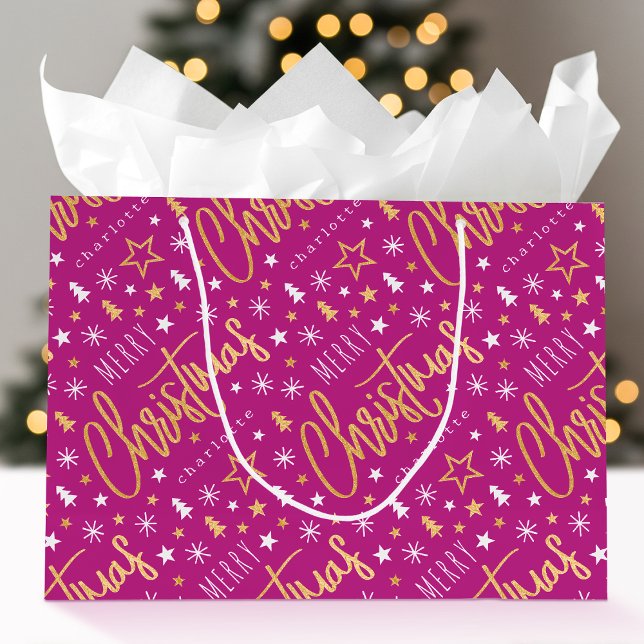 Bolsa De Regalo Grande Merry Christmas Script Custom Name Pink Faux Gold (Subido por el creador)
