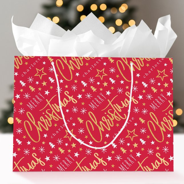Bolsa De Regalo Grande Merry Christmas Script Custom Name Red Faux Gold (Subido por el creador)