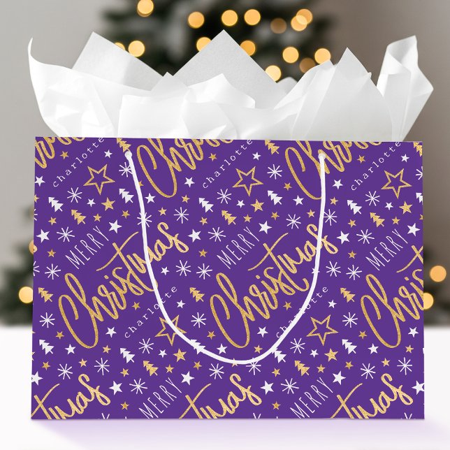 Bolsa De Regalo Grande Merry Christmas Script Personalizado Purple Faux G (Subido por el creador)