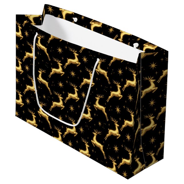 Bolsa De Regalo Grande Metallic Gold and Black Reindeer and Stars (Angulo Anverso)