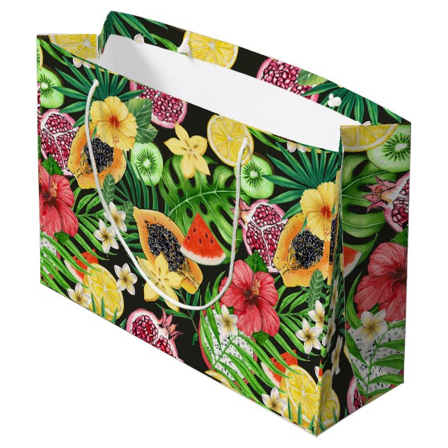 Bolsa De Regalo Grande Mezcla tropical, flores y hojas en negro (Angulo reverso)