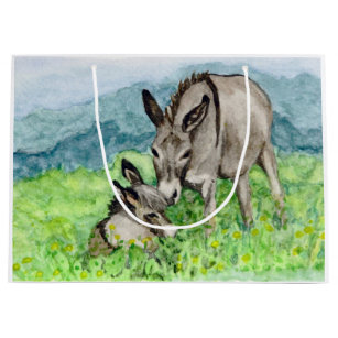 Bolsa De Regalo Grande Miniatura de arte acuarela de mamá burro y bebé