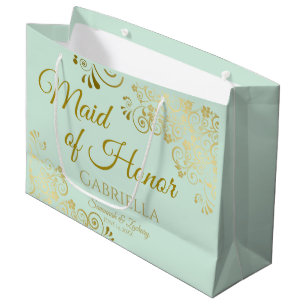 Bolsa De Regalo Grande Mint Green & Gold Lace Maid of Honor Moda Boda