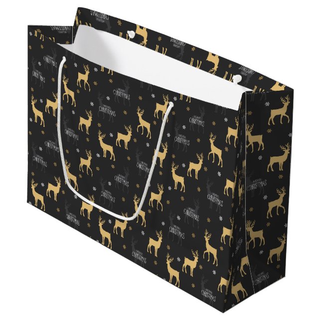 Bolsa De Regalo Grande Moda Black Gold Reindeer Feliz Navidad (Angulo Anverso)