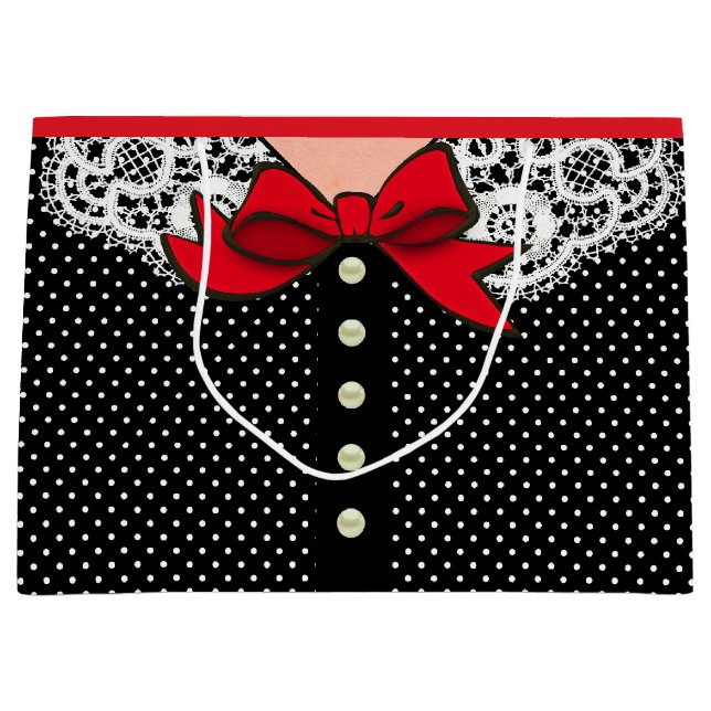 Bolsa De Regalo Grande Moda de la dama retro en blanco y rojo negro (Anverso)