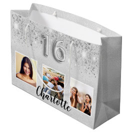 Bolsa De Regalo Grande Moda del nombre de la foto del purpurina de plata 