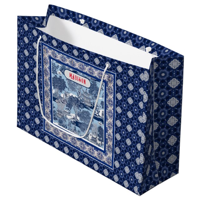 Bolsa De Regalo Grande Moda Monograma de chinoiserie chinoiserie azul (Angulo Anverso)