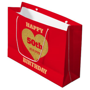 Bolsa De Regalo Grande Moda Red & Gold Purpurina Corazón feliz 50 cumplea