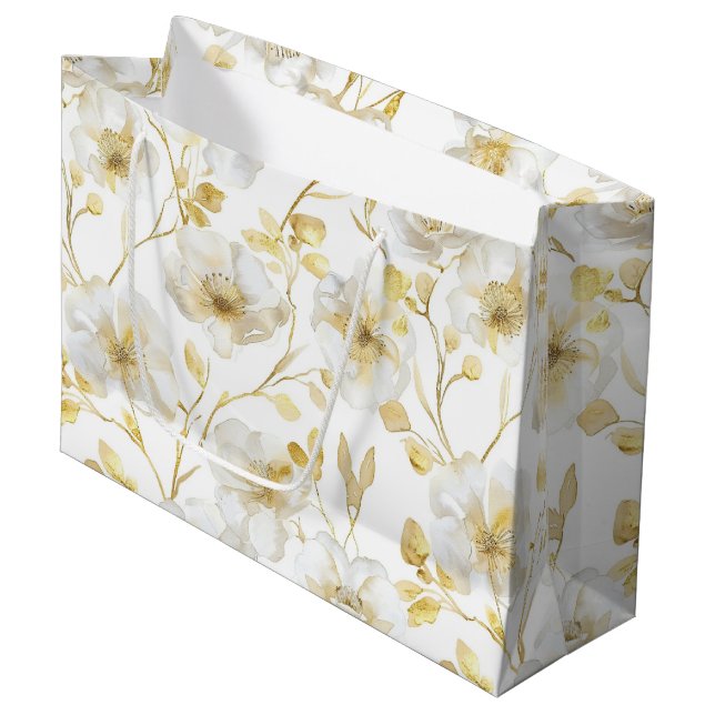 Bolsa De Regalo Grande Moda romántica ducha dorada floral blanca (Angulo Anverso)