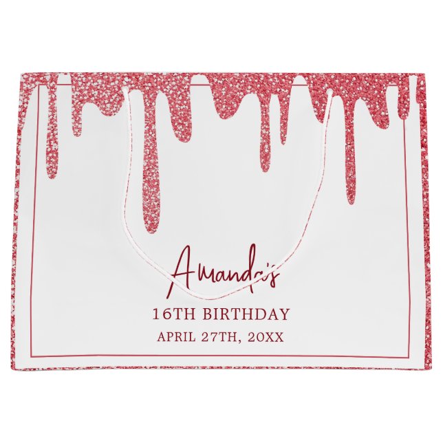 Bolsa De Regalo Grande Moda Rosa Dorado Purpurina Dulce 16 Cumpleaños (Anverso)