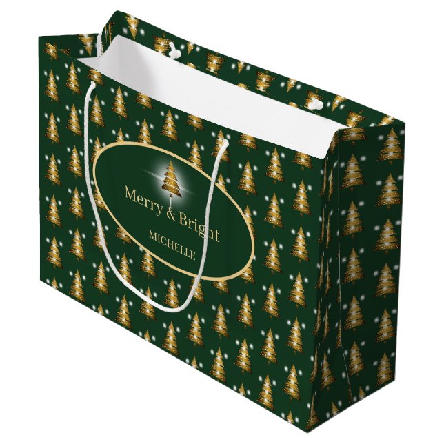 Bolsa De Regalo Grande Modern Golden Glitter Green Christmas Tree  (Angulo Anverso)