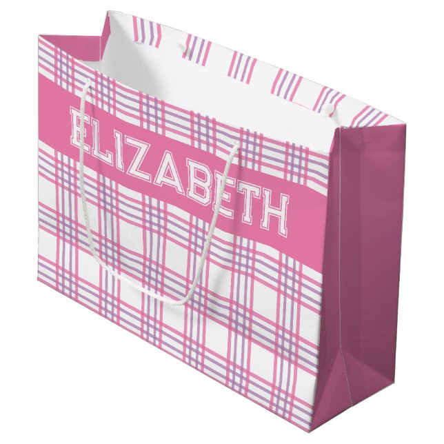 Bolsa De Regalo Grande Modern Preppy Plaid Pink Purple Pattern (Angulo Anverso)