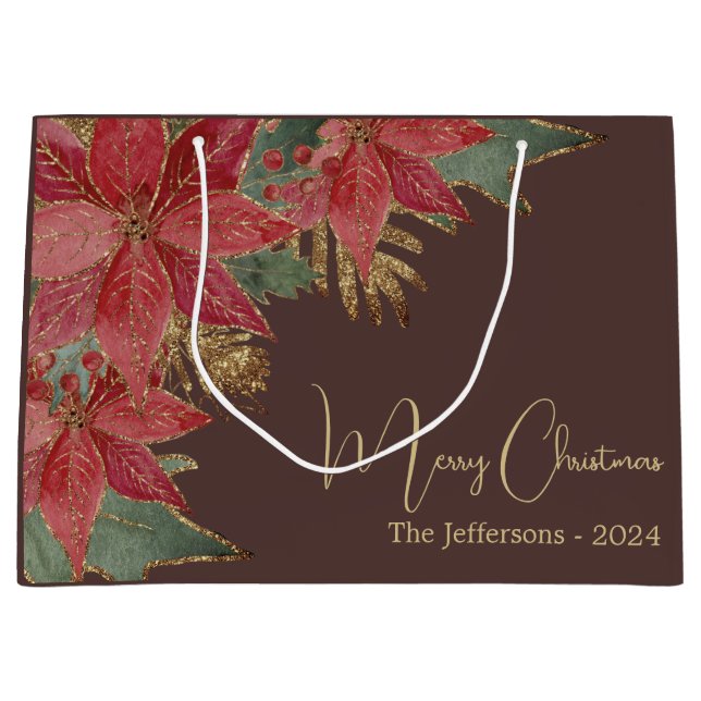 Bolsa De Regalo Grande Moderno Oro Elegante Poinsettia Rojo Feliz Navidad (Anverso)