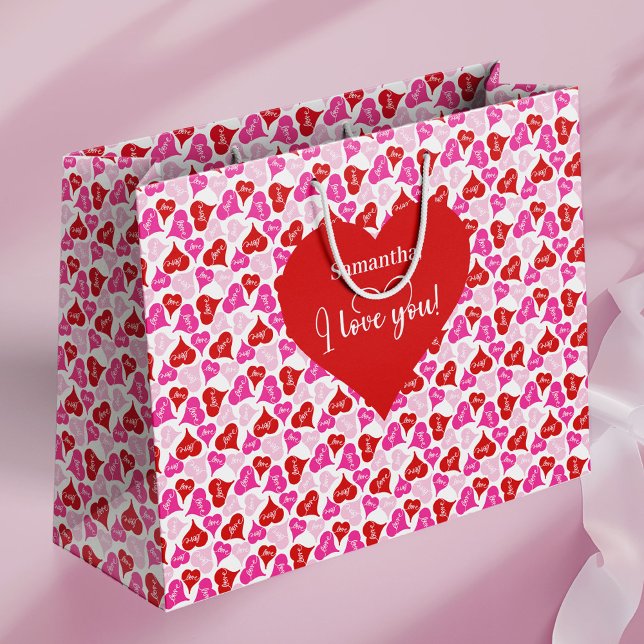 Bolsa De Regalo Grande Moderno Texto Adorable Te Amo Nombre Personalizado (Modern Cute I Love You Text Custom Name Valentine Large Gift Bag)