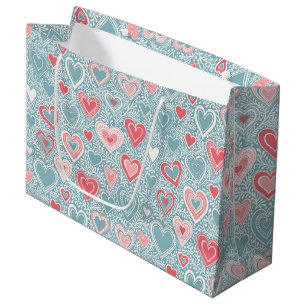 Bolsa De Regalo Grande Monada Floral Corazón Folk Azul Polvoriento Rosa B