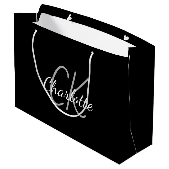 Bolsa De Regalo Grande Monograma blanco negro nombre moderno elegante (Angulo reverso)