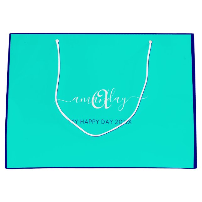 Bolsa De Regalo Grande Monograma Blue Aqua Bridal Sweet 16th Boda (Anverso)