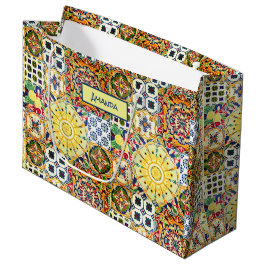 Bolsa De Regalo Grande Monograma de azulejos naranja geométricos mediterr