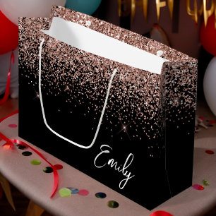 Bolsa De Regalo Grande Monograma de brillo rosa rubor dorado rosa negro f
