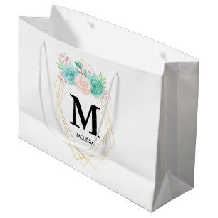 Bolsa De Regalo Grande Monograma de color de agua rosa y verde moderno