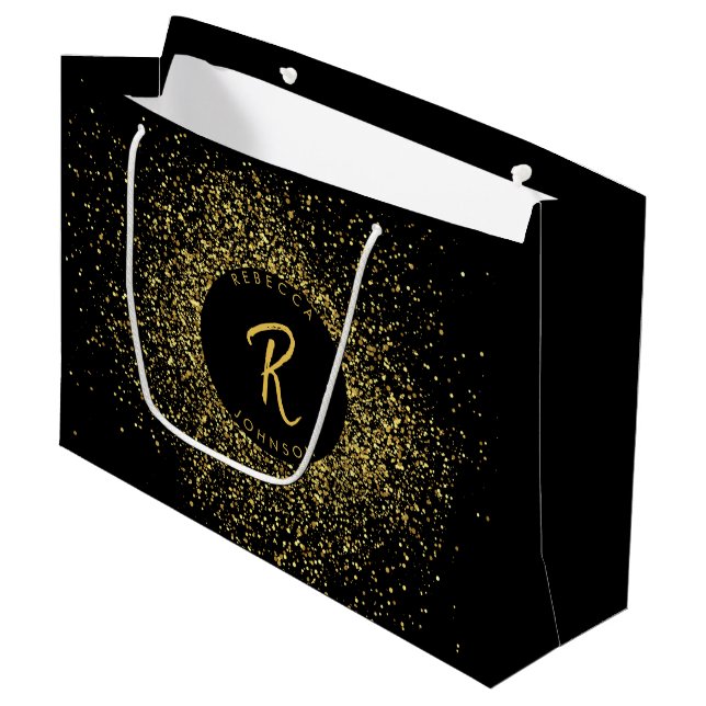 Bolsa De Regalo Grande Monograma de marco de Purpurina dorado y negro (Angulo Anverso)