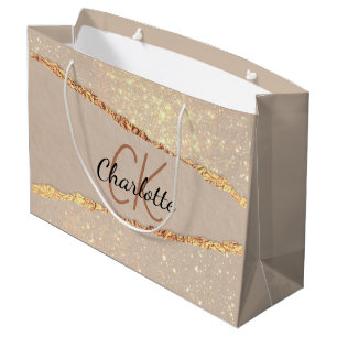 Bolsa De Regalo Grande Monograma de mármol de ágata dorada beige