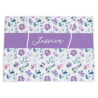 Bolsa De Regalo Grande Monograma de nombre de flor silvestre acuarela púr