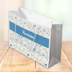 Bolsa De Regalo Grande Monograma de nombre de flor silvestre de acuarela