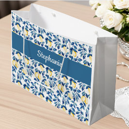 Bolsa De Regalo Grande Monograma de nombre en acuarela de limón azul gran