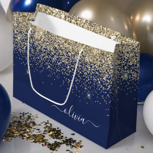 Bolsa De Regalo Grande Monograma de nombre femenino con brillo en azul ma