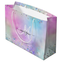Bolsa De Regalo Grande Monograma de pasteles arcoiris Purpurina holográfi