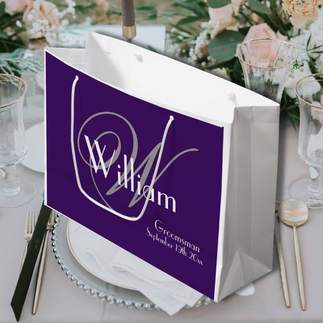 Bolsa De Regalo Grande Monograma de regalo Groomsman + Nombre Moda Guay m (A Wonderful Groomsman Gift - Monogram + Name Purple White Gray Large Gift Bag.)