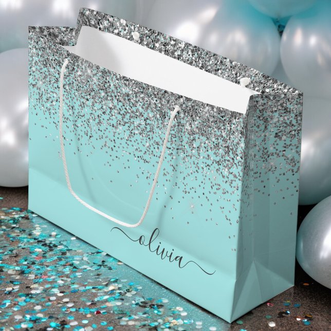 Bolsa De Regalo Grande Monograma del Purpurina plateado Verde azulado azu (Subido por el creador)
