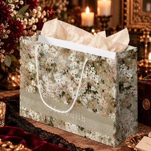 Bolsa De Regalo Grande Monograma Floral de Flor Silvestre Blanca Vintage