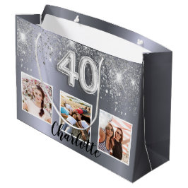 Bolsa De Regalo Grande Monograma fotográfico de purpurina de plata de 40 