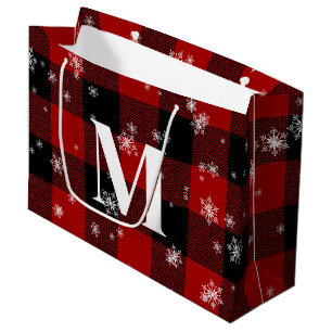 Bolsa De Regalo Grande Monograma Invierno Inicial de Plata Roja y Copos d