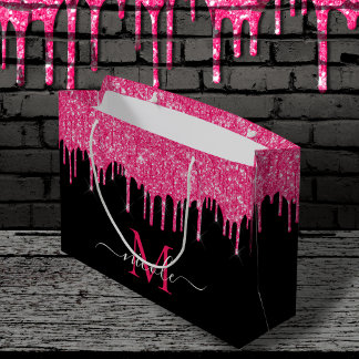 Bolsa De Regalo Grande Monograma Metálico Purpurina de goteo rosado calie