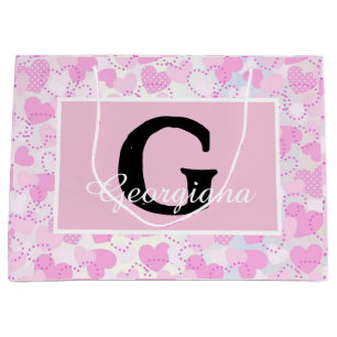 Bolsa De Regalo Grande Monograma moderno en corazones blancos rosados mor