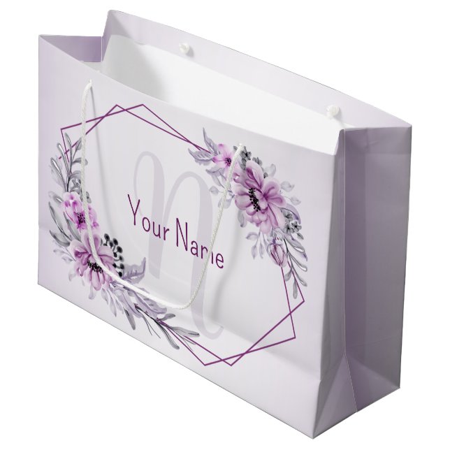 Bolsa De Regalo Grande Monograma Nombre Violeta Floral Rosa Marco Púrpura (Angulo Anverso)